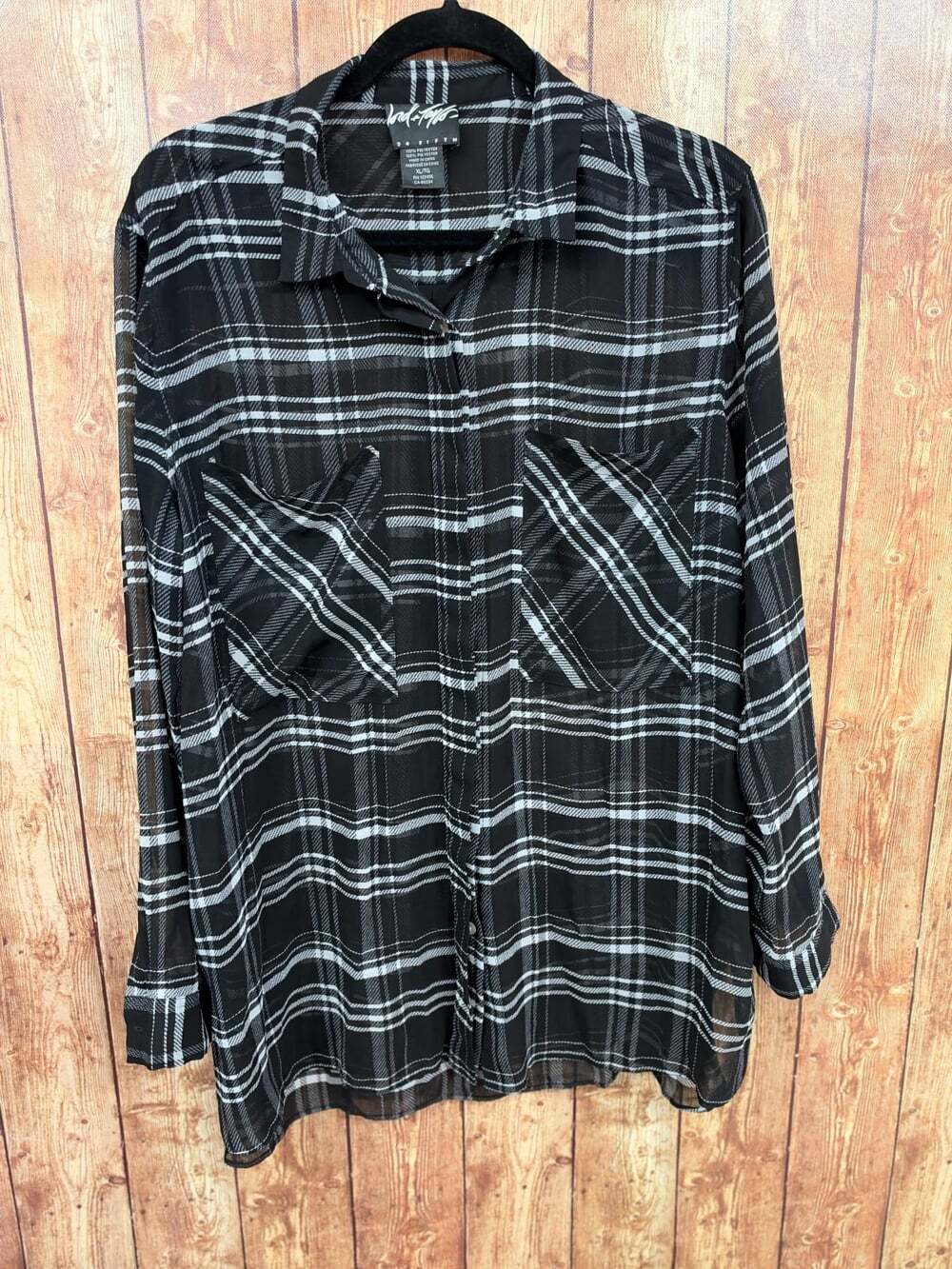 Lord & Taylor 424 Fifth Womens XL Sheer Plaid Blouse Black White Button Down